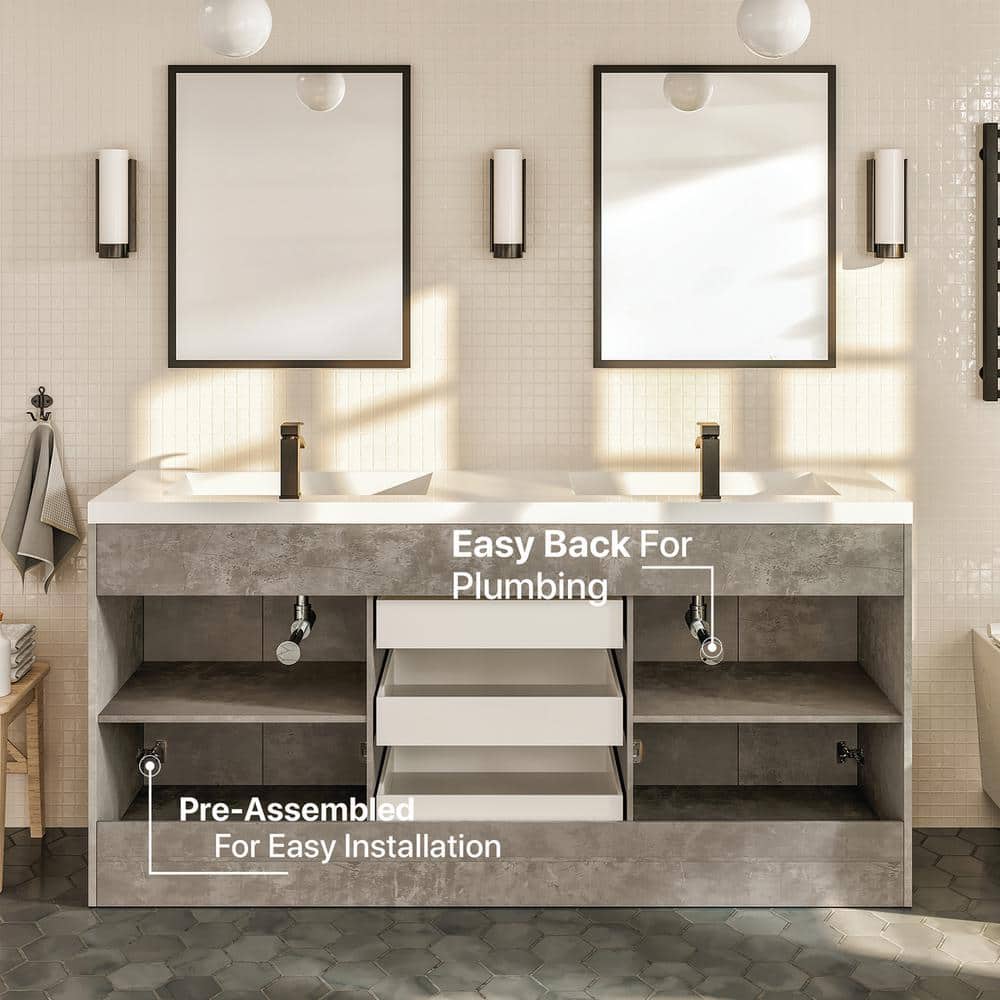 Lugano 60" Cement Gray Double Sink Modern Bathroom Vanity