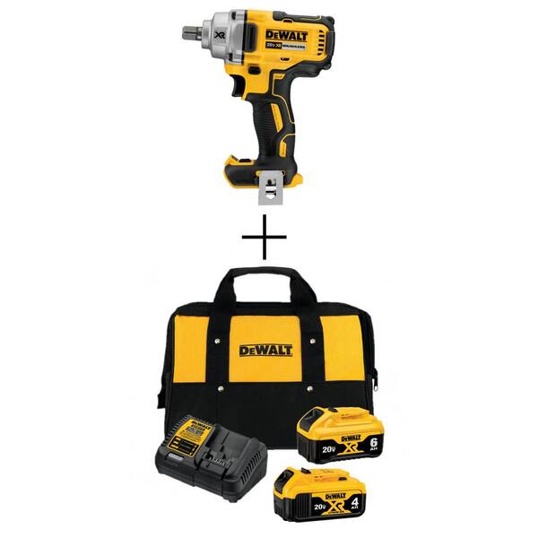 DEWALT 20V MAX Cordless Brushless 1/2 in. Impact Wrench with Detent Pin, (1) 20V 6.0Ah and (1) 20V 4.0Ah Batteries, and Charger