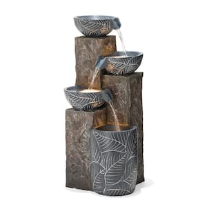32.75 in. H Natural Leaf Textured 4-Tier Resin Outdoor Fountain with Pump and Light (KD)