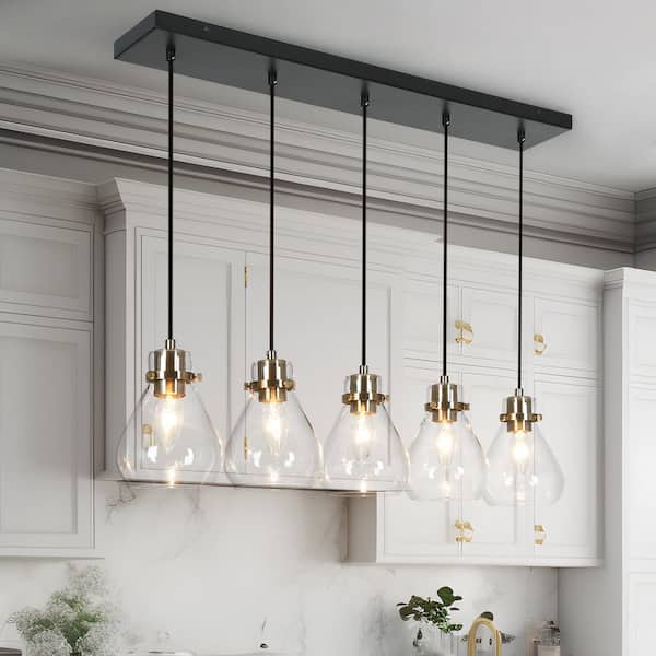 Modern Kitchen Island Chandelier 5-Light Black and Brass Linear Dining Room Chandelier with Clear Glass Shades