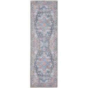 57 Grand Machine Washable Light Blue Multi 2 ft. x 6 ft. Floral Traditional Kitchen Runner Area Rug