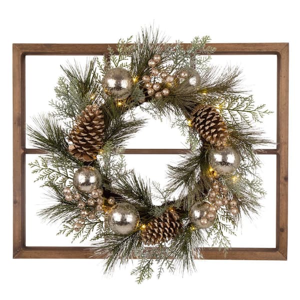 Glitzhome 7 in. Wooden Window Frame with LED Pre-Lit Pinecone and Ornament Wreath