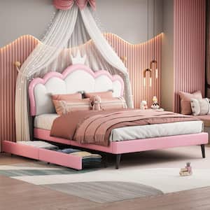 Pink and White Wood Frame Full Size Princess Platform Bed with Crown Headboard and 2 Drawers