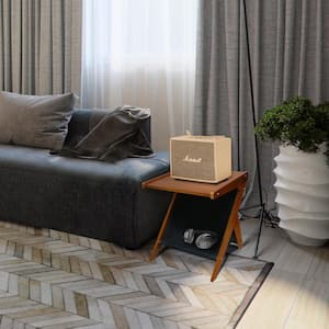 19 in. Chestnut Z-Shaped Solid Wood Sofa Side End Table with Canvas Storage Basket