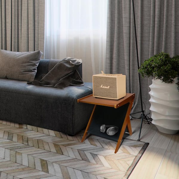 Casual Home 19 in. Chestnut Z-Shaped Solid Wood Sofa Side End Table with Canvas Storage Basket