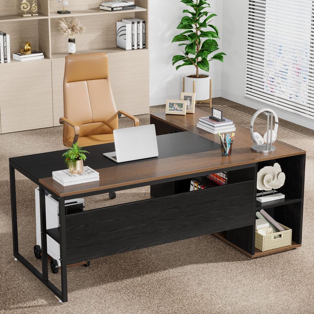 BYBLIGHT Lanita 71 in. L Shaped Brown Black Engineered Wood