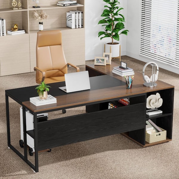 Lanita 71 in. L Shaped Brown Black Engineered Wood Executive Desk Large Computer Desk with File Cabinet for Home Office