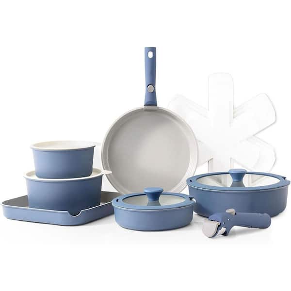17 Piece Nonstick Aluminum Cookware Set with Removable Handle, Pots and Pans Set, Dishwasher and Oven Safe, Navy