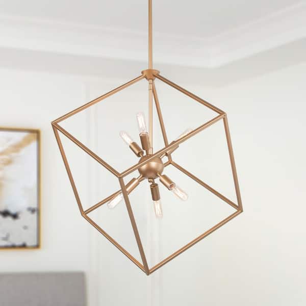 LNC Modern Gold Chandelier with Square Cage 6-Light Geometric Island Pendant with Sputnik Candlestick for Living Room Foyer