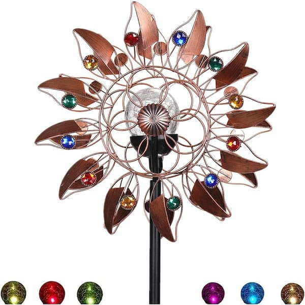 75 in. H Multi-Color Solar Powered Glass Wind Spinner with Kinetic Wind Sculptures, Decorative Lawn Ornament