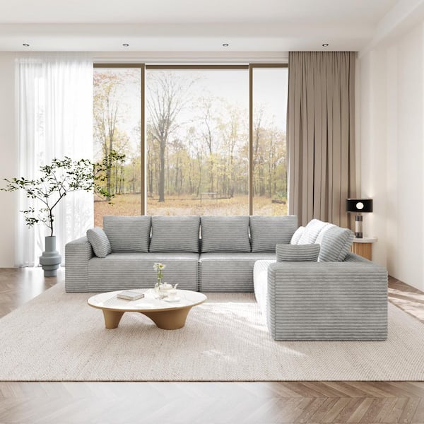 134 in. 3-Piece Gray Corduroy Fabric L-Shape Modular Boneless Sectional Sofa with Chaise Longue, Pillows