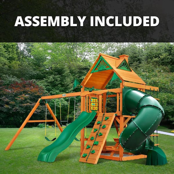 Professionally Assembled Mountaineer Kids Outdoor Playground Set with Tube & Wave Slide, Sandbox, Rock Wall, Swing set