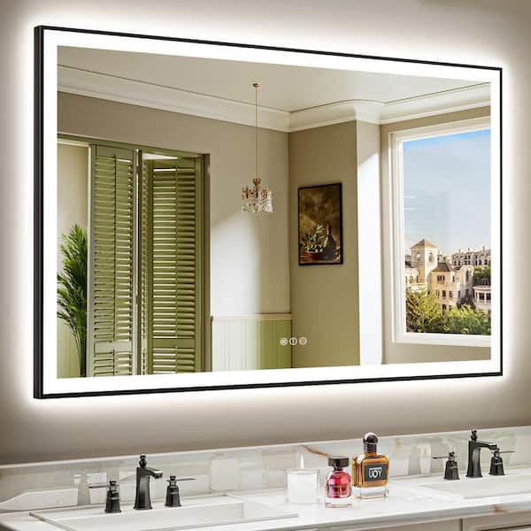 57 in. W x 36 in. H Rectangular Framed Front and Back LED Lighted Anti-Fog Wall Bathroom Vanity Mirror in Tempered Glass