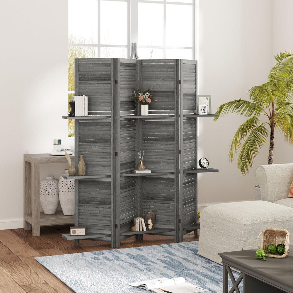 Blinds Style 4-Panel Wood Room Divider, 67'' Tall Folding Privacy Screen Panels with 3 Shelves for Indoor Bedroom Office