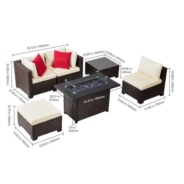 6-Piece Outdoor Patio Furniture Set, Wicker Rattan Outdoor Sectional Conversation Set 50000BTU Propane Fire Pit Table