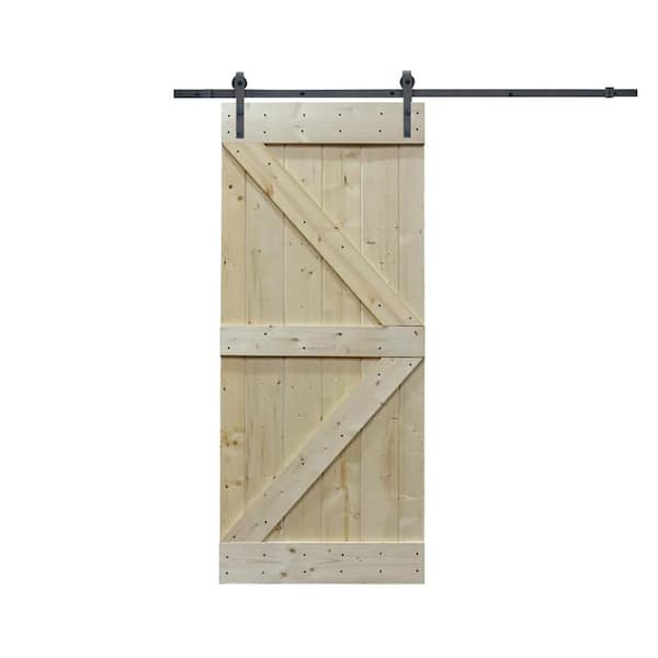 CALHOME 36 in. x 84 in. K Design Knotty Pine Wood Sliding Barn Door with Hardware Kit