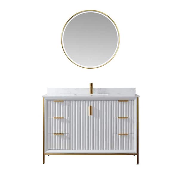 ROSWELL Granada 48 in. W x 22 in. D x 33.8 in. H Single Sink Bath Vanity in White with White Stone Countertop and Mirror