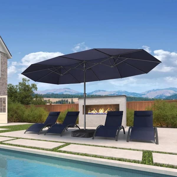 15 ft. Gray Aluminum Market Patio Umbrella with Double-Sided Outdoor Table Sun Umbrellas with Base in Navy Blue