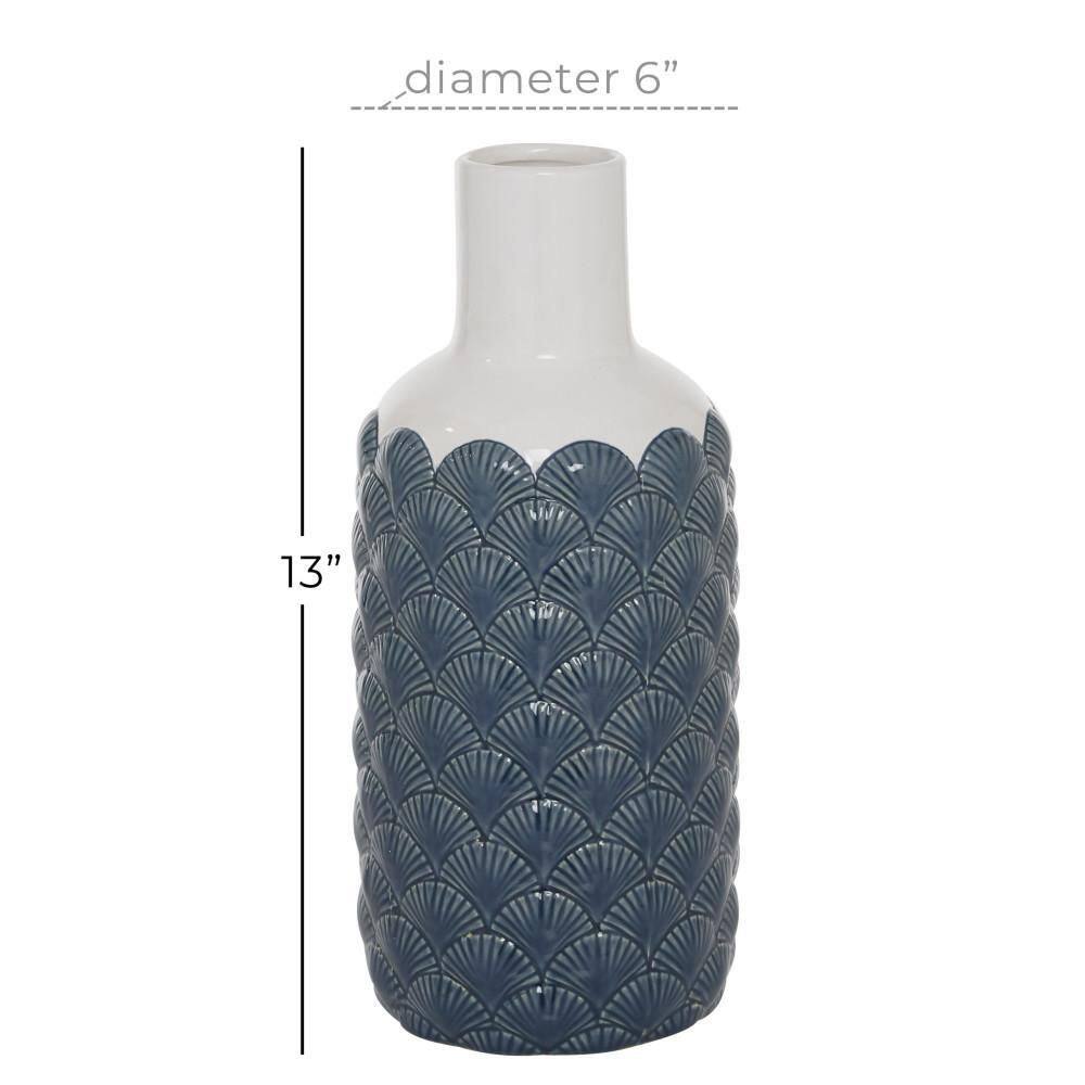 13" Blue and White Ceramic Scallop Decorative Vase