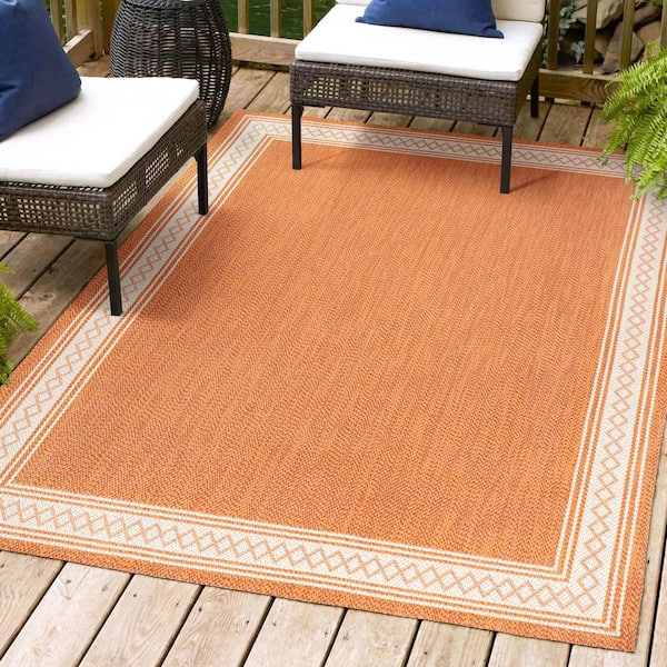 Lucia Classic Diamond Border Orange/Cream 3 ft. x 5 ft. Indoor/Outdoor Area Rug