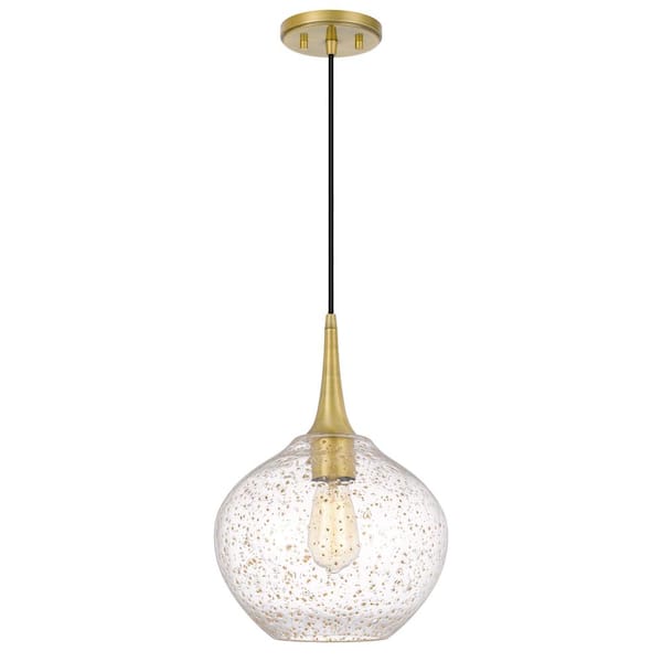 Worldwide Lighting Hive 11 in. x 11 in. x 15 in. 1-Light Vintage brass Finish Gold Flakes Glass Pendant