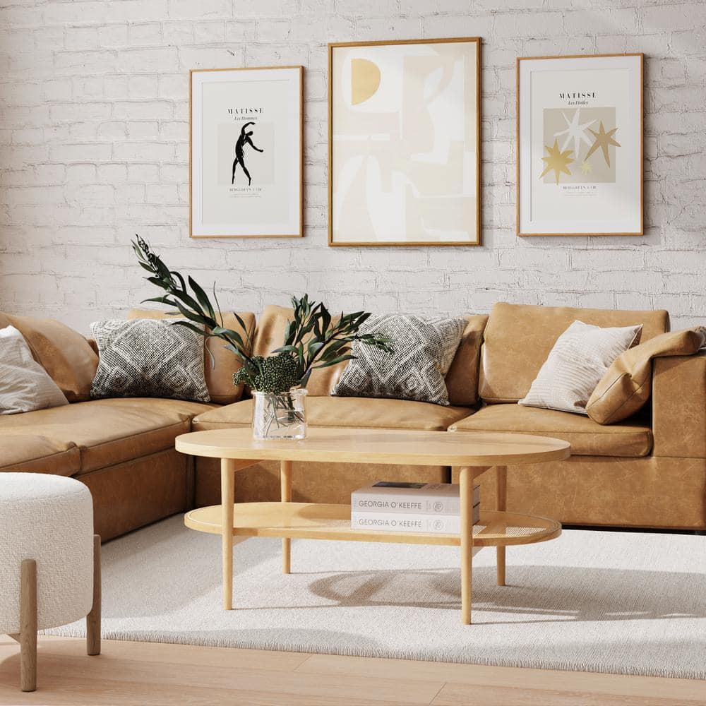Sonia Bohemian Oval Light Wood Coffee Table with Rattan Storage