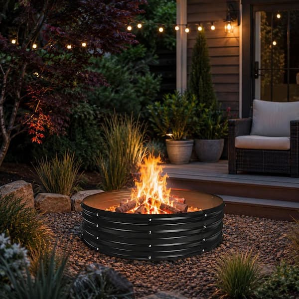 48 in. D x 12 in. H Round Galvanized Steel Wood Burning Fire Pit Kit in Black with Heat-Resistant Safety Edge Design