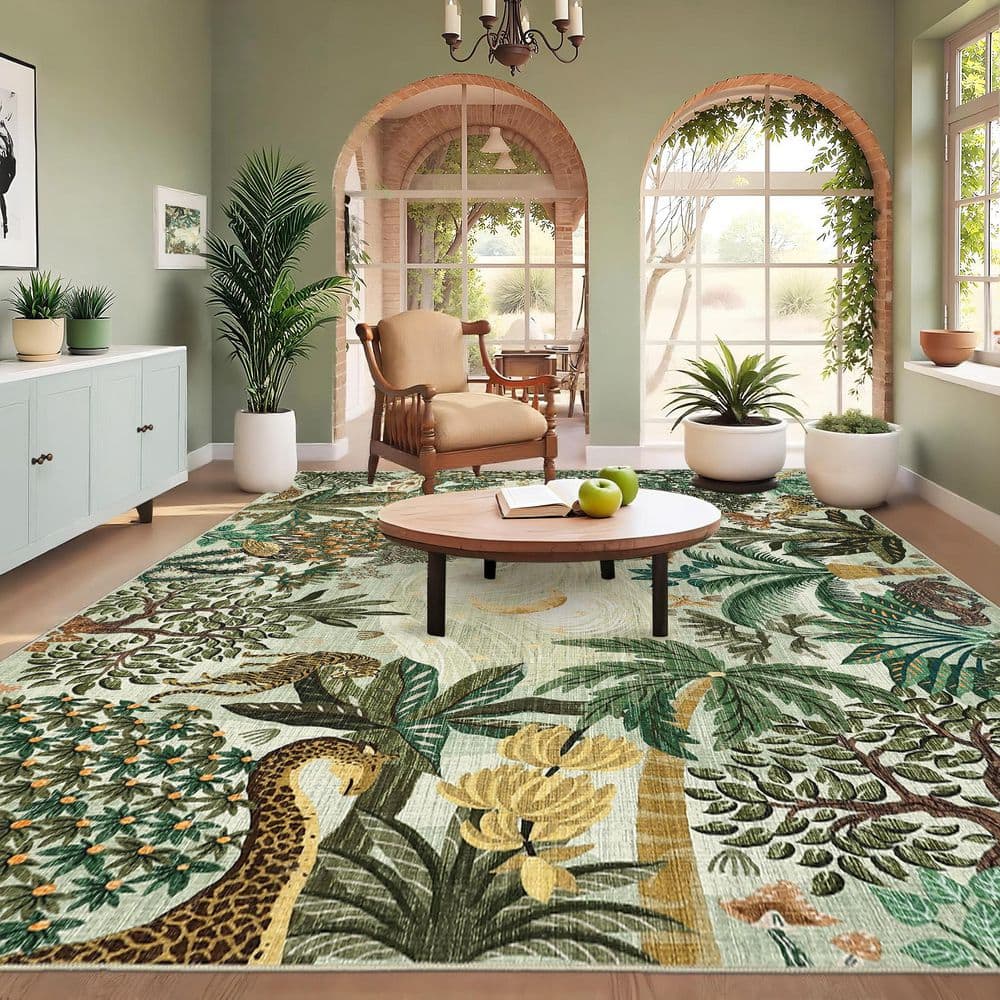 Green 5 ft. x 7 ft. Jungle Plant Print Rug Machine Washable Ultra-Thin ...