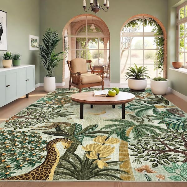 Green 9 ft. x 12 ft. Jungle Plant Print Rug Machine Washable Ultra