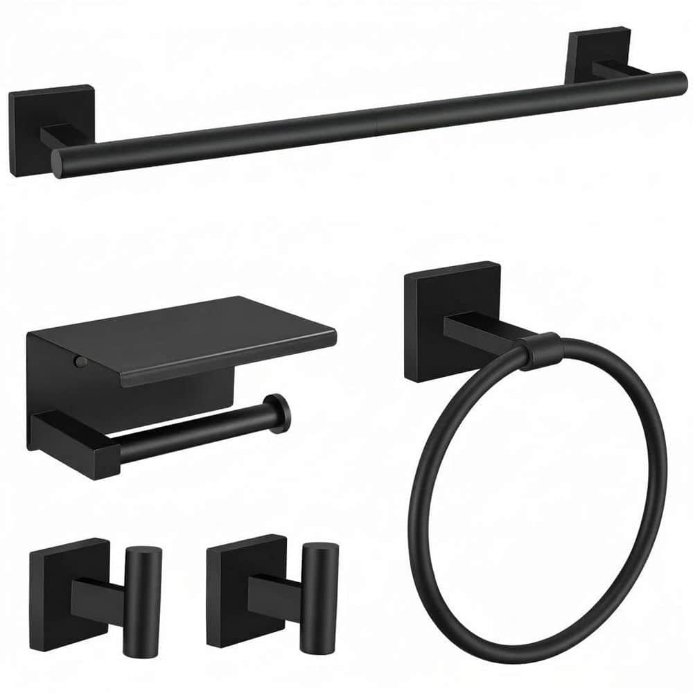 5-Piece Bathroom Hardware Set with Towel Bar Towel Ring Toilet Paper Holder Robe Hooks in Matte Black Finish price history on PriceWatchPro