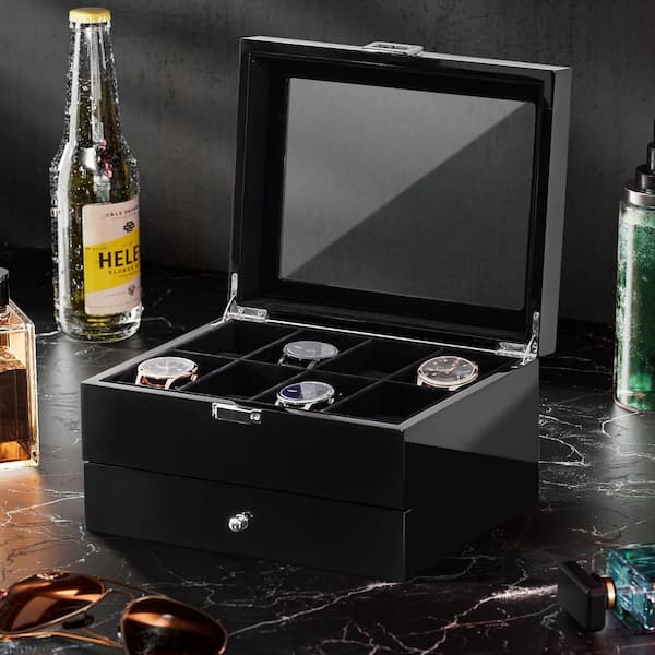 Piano Black 8 Slot Wooden Watch Box with Drawer LX1239 - The Home