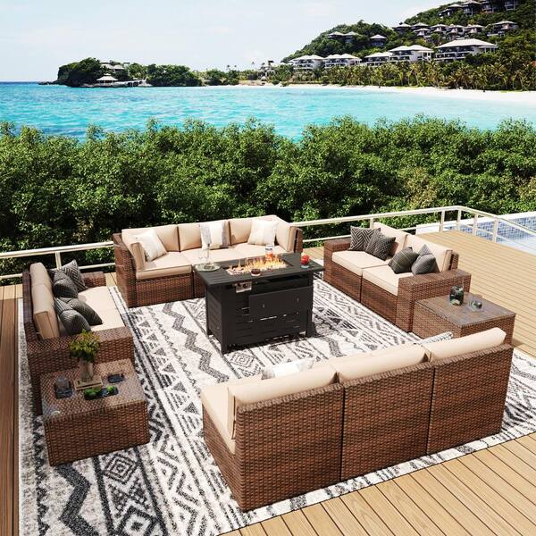 Sizzim 13-Piece Patio Wicker Sectional Set with 40 in. Metal Fire Pit Table, Brown Cushions, and Set Covers