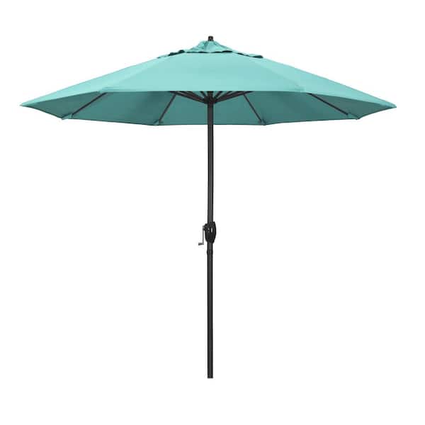 California Umbrella 9 ft. Black Aluminum Market Patio Umbrella Auto Tilt in Aruba Sunbrella