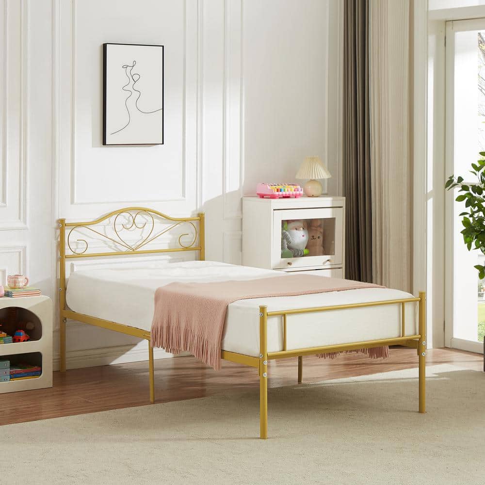 Twin Bed Frame, Pink Platform Bed No Box Spring Needed, Heavy Duty Steel Slats Support Bed - thumbnail 4