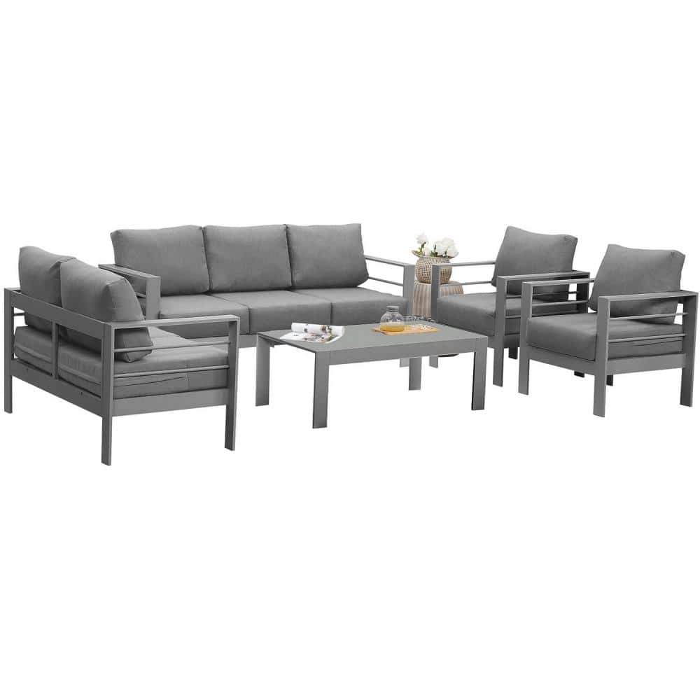 5-Piece Aluminum Patio Conversation Set with Gray Cushion with Table, Rust-