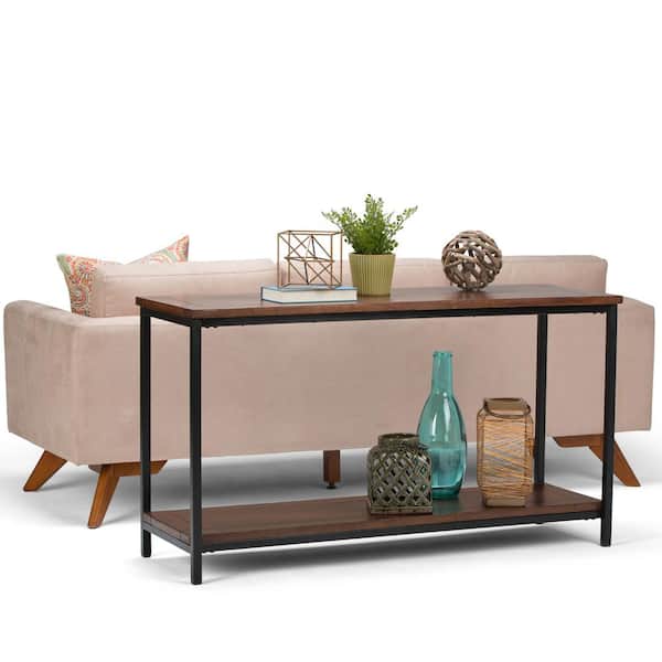 Simpli Home Skyler Solid Mango Wood and Metal 54 in. Wide Industrial Console Sofa Table in Dark Cognac Brown