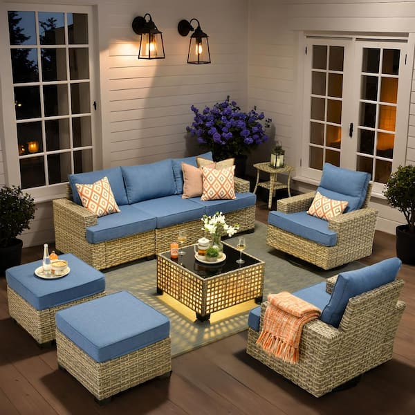 OVIOS Tiberny Gray 9-Piece Wicker Patio Conversation Seating Set with Diamond Blue Cushions and Swivel Chairs