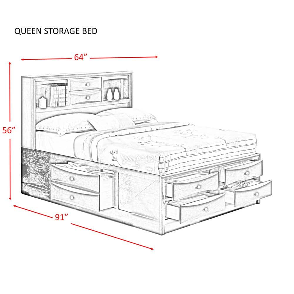 Transitional Brown Mahogany Queen Bookcase Storage Bed with 6 Drawers
