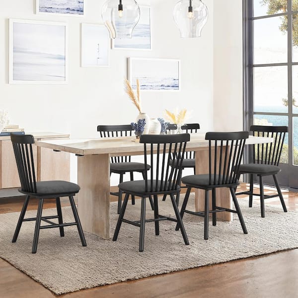LUE BONA Winnie 18 in. Dark Gray Cushion Black Frame Classic Windsor Back Solid Wood Dining Chair (Set of 6)
