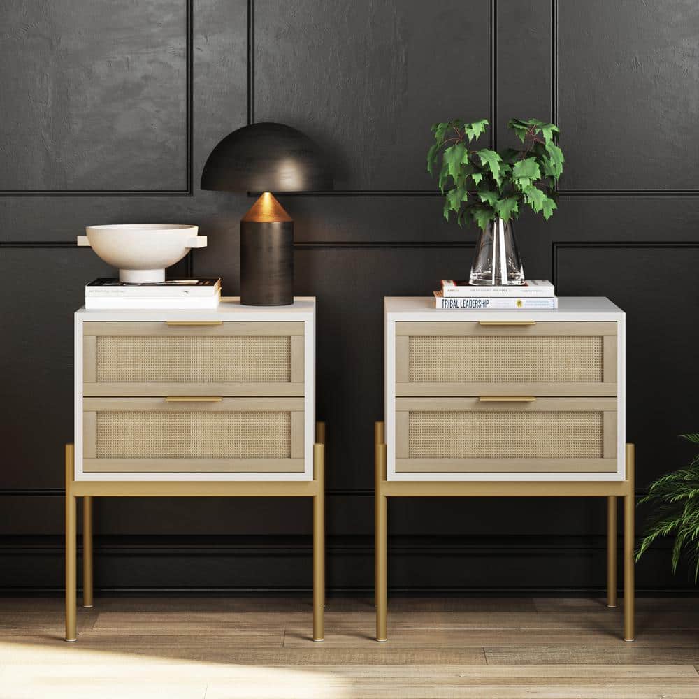White and Gold 2-Drawer Rattan Nightstand Set