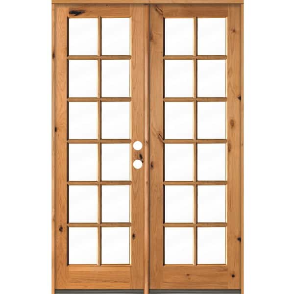 60 in. x 96 in. French Knotty Alder 12-Lite Clear Glass clear stain Wood Left Active Inswing Double Prehung Front Door