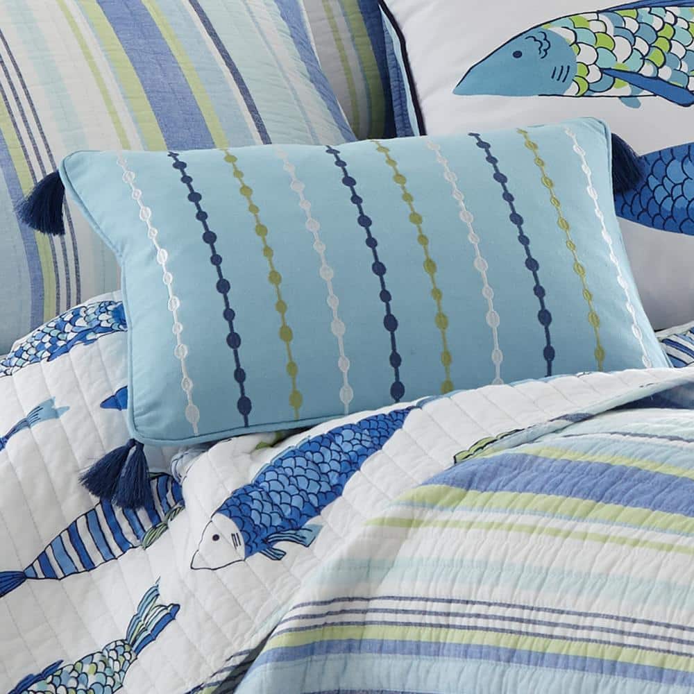 Blue and Green Embroidered Rectangular Tassel Throw Pillow