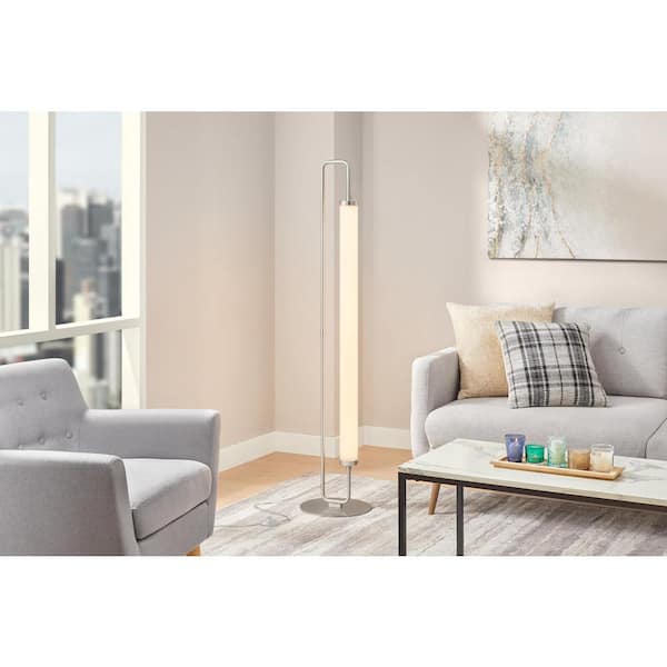 Hampton Bay Aranda 58 in. Brushed Nickel Integrated LED Column Floor Lamp with Acrylic Shade and CCT Color Temperature Selectable