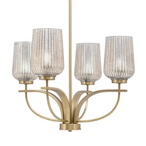 Olympia 4-Light Uplight Chandelier New Age Brass Finish 5 in. Silver Textured Glass