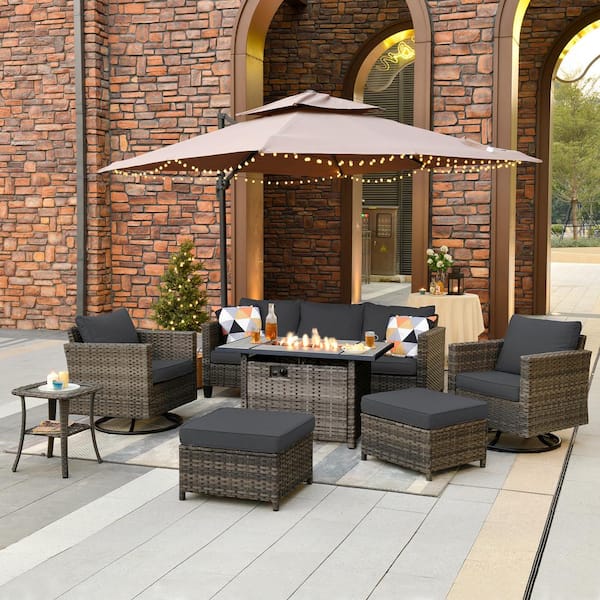 OVIOS New Star Gray 7-Piece Wicker Patio Rectangle Fire Pit Conversation Set with Black Cushions and Swivel Chairs