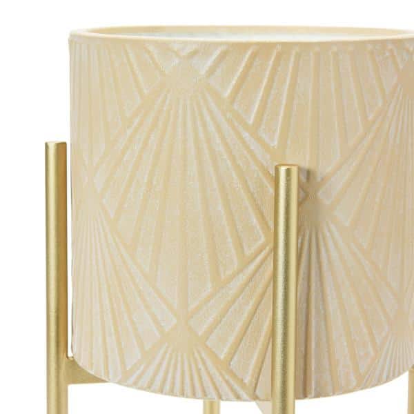 Cream and Gold Embossed Metal Planters with Stands, Set of 2