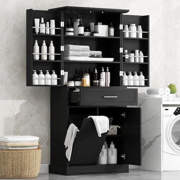 Harper & Bright Designs Black 72.6 in. H Accent Storage Cabinet with Doors Drawers Tilt-Out Laundry Hamper Adjustable Shelf