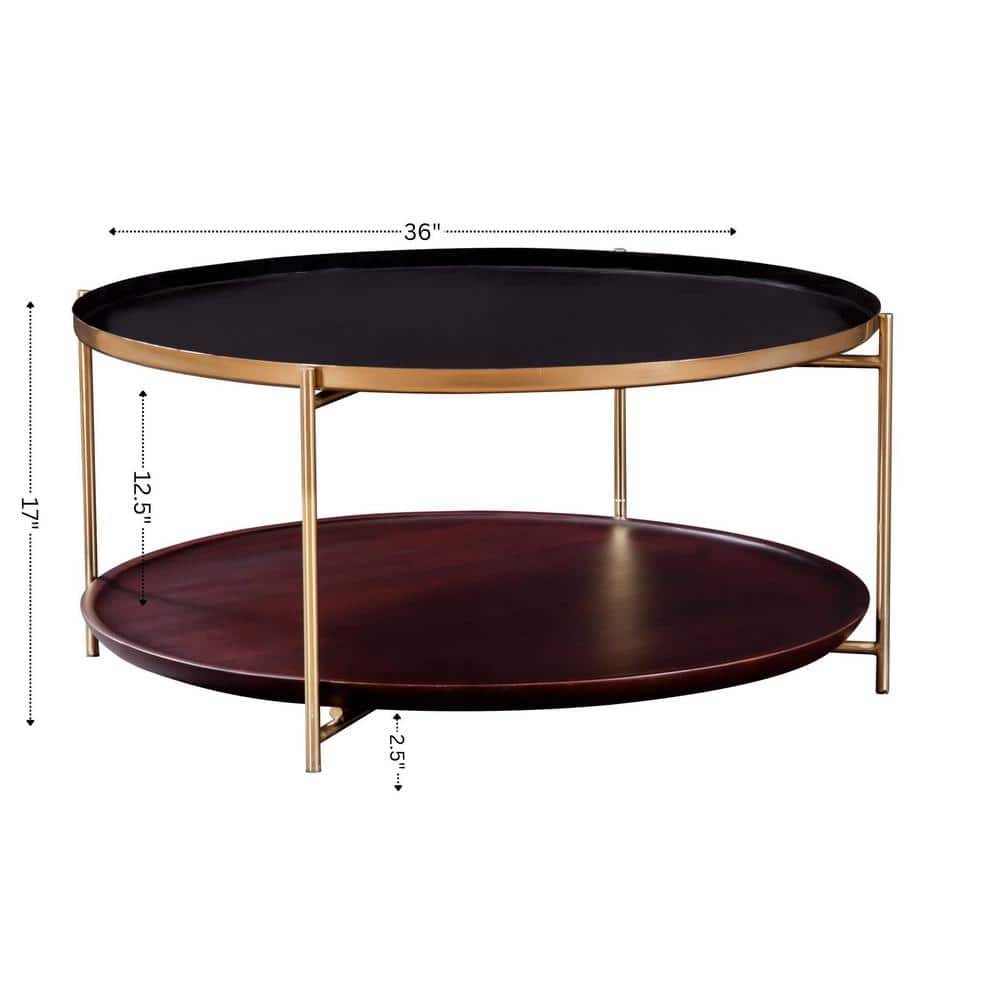 Stevie 36" Black Enamel and Bronze Metal Round Coffee Table with Cherry Wood Shelf