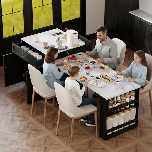 Black and White Wood 82.7 in. W Power Outlet Kitchen Island Two-tone Kitchen Table with 2-Drawer and 2-Side Open Shelf