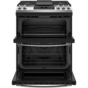 30 in. 6.7 cu. ft. Slide-In Double Oven Gas Range in Stainless Steel with Griddle